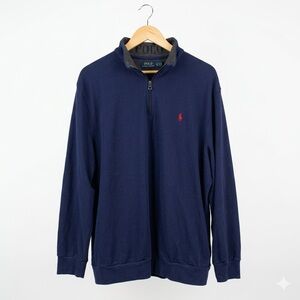 Polo Ralph Lauren Navy Blue Pique 1/4 Zip Pullover XXL Red Pony